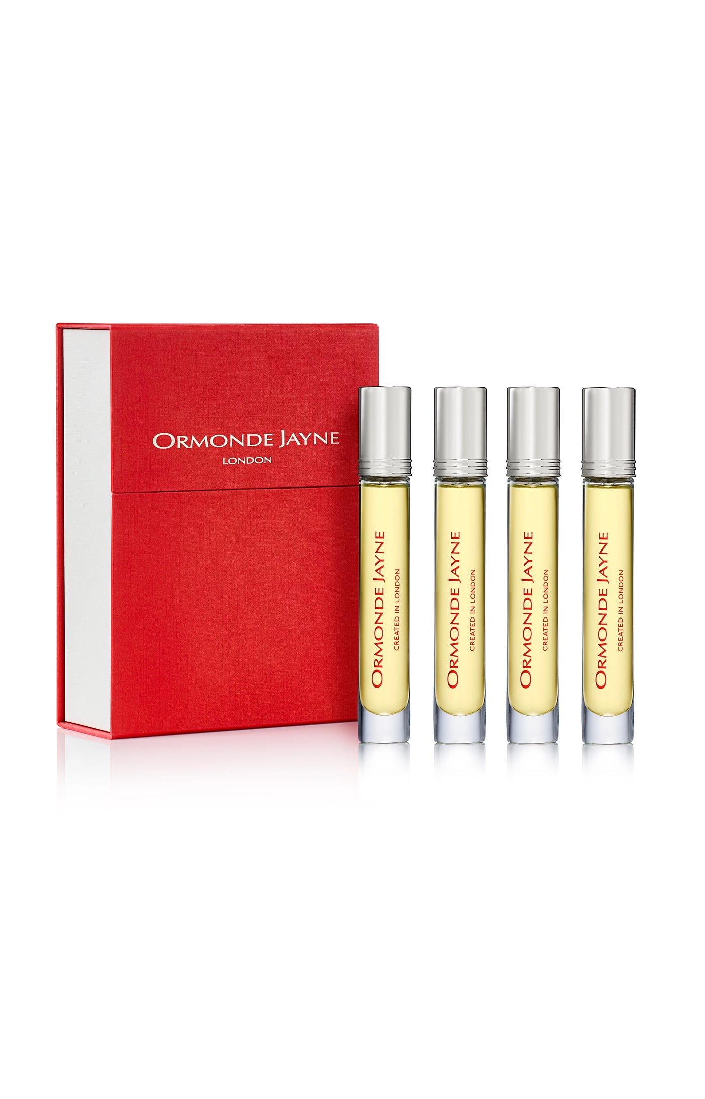 Set of four Osmanthus Travel Lab perfume vials with silver caps and red Ormonde Jayne box