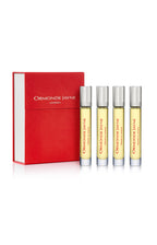 Set of four Osmanthus Travel Lab perfume vials with silver caps and red Ormonde Jayne box