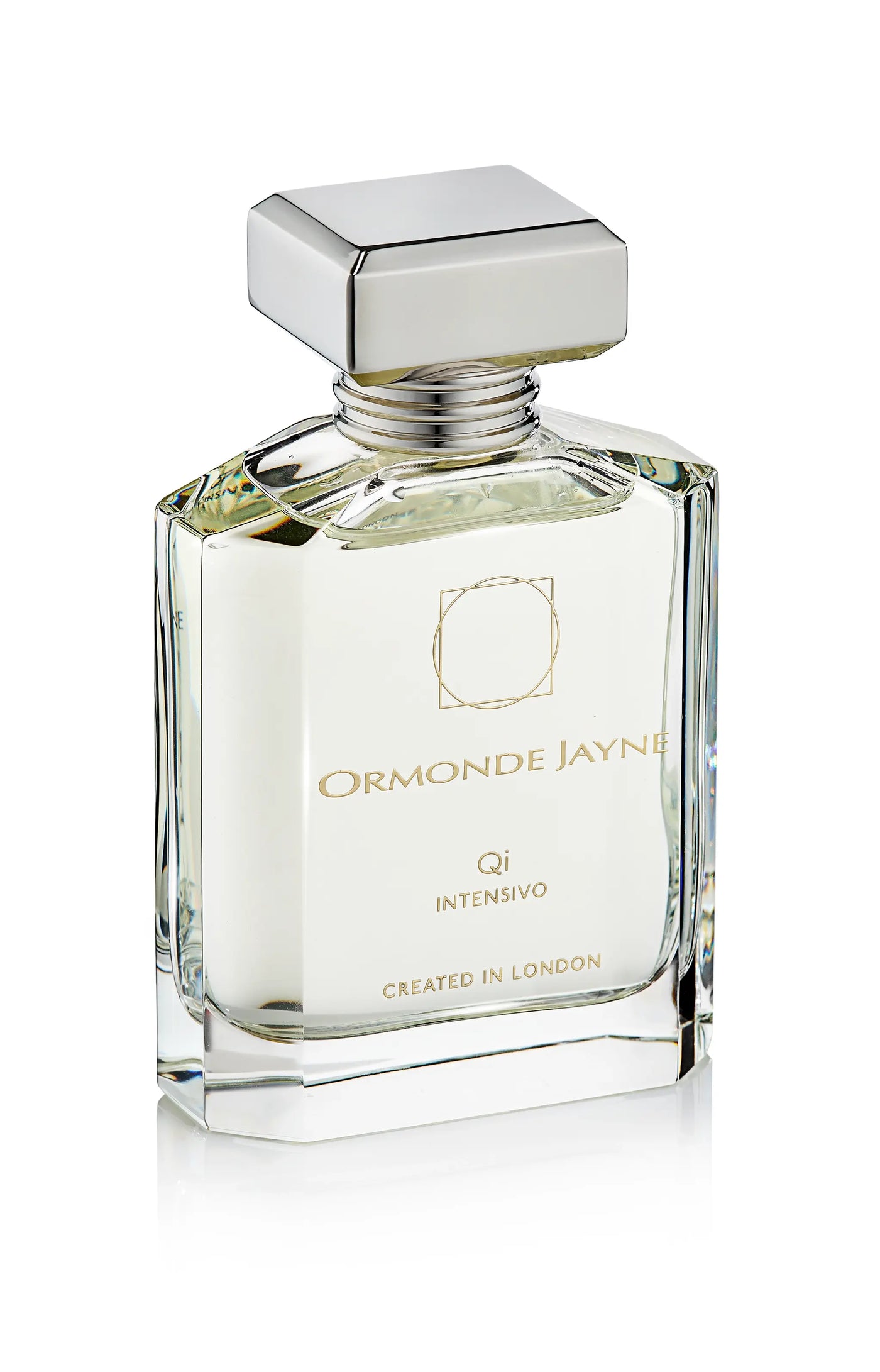 Clear glass perfume bottle with silver cap and gold lettering, Ormonde Jayne Qi Intensivo