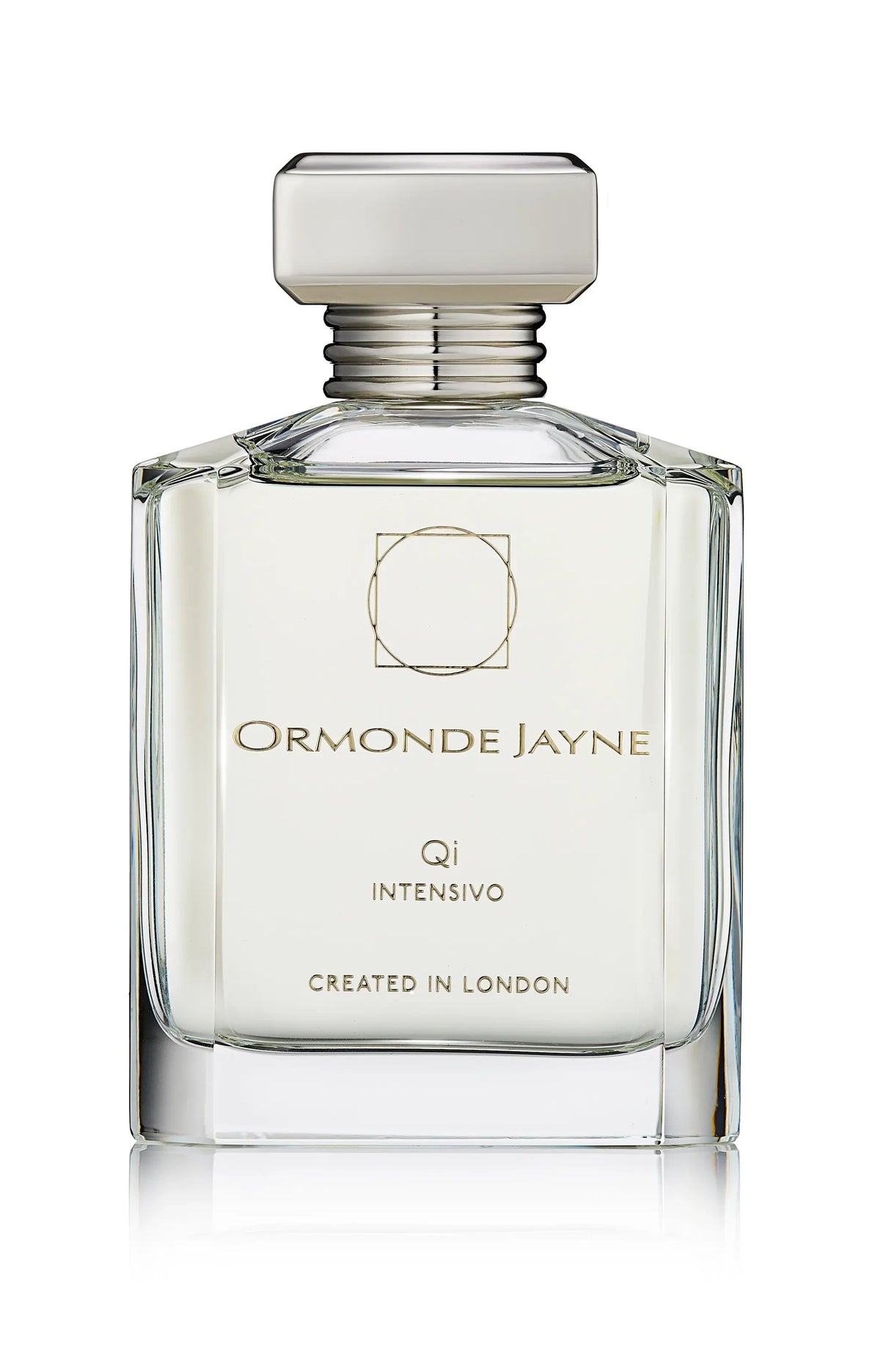 Clear glass bottle of Ormonde Jayne Qi Intensivo perfume with silver cap