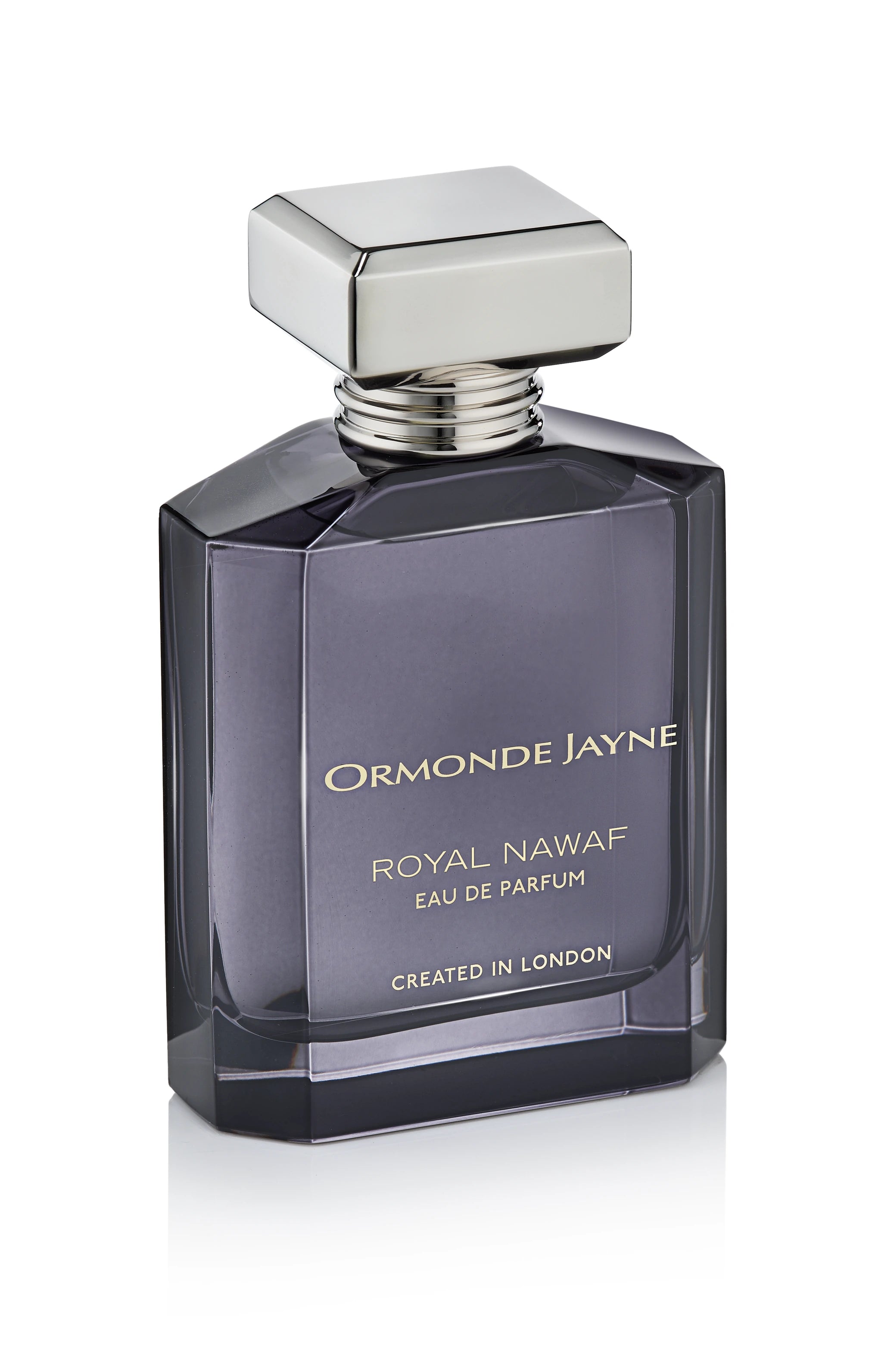 Angled view of Ormonde Jayne Royal Nawaf eau de parfum bottle in deep purple-grey glass with silver cap