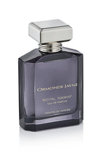 Angled view of Ormonde Jayne Royal Nawaf eau de parfum bottle in deep purple-grey glass with silver cap