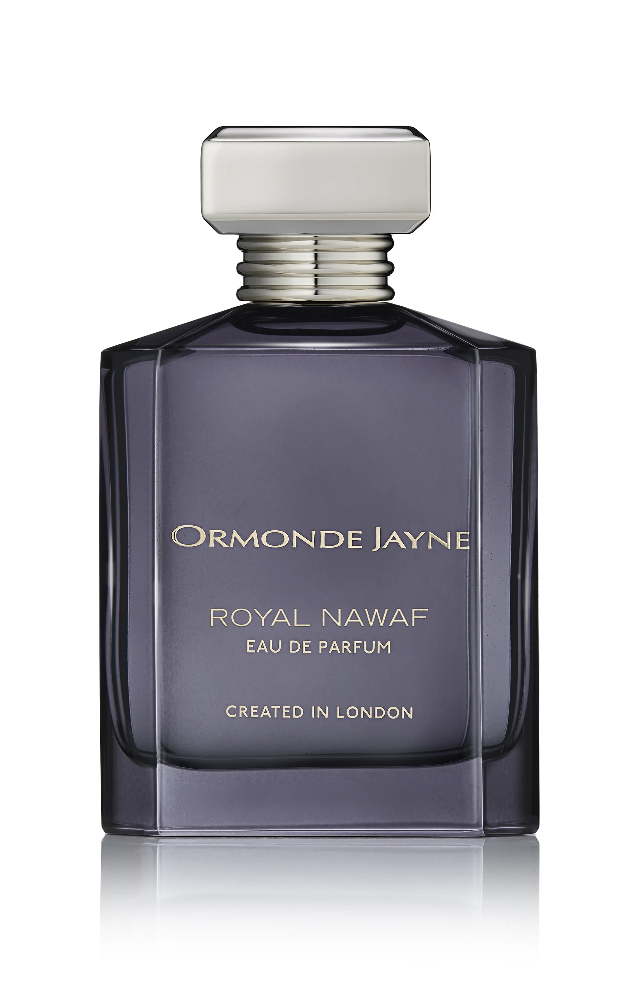 Ormonde Jayne Royal Nawaf eau de parfum in a smoky purple-grey glass bottle with silver cap