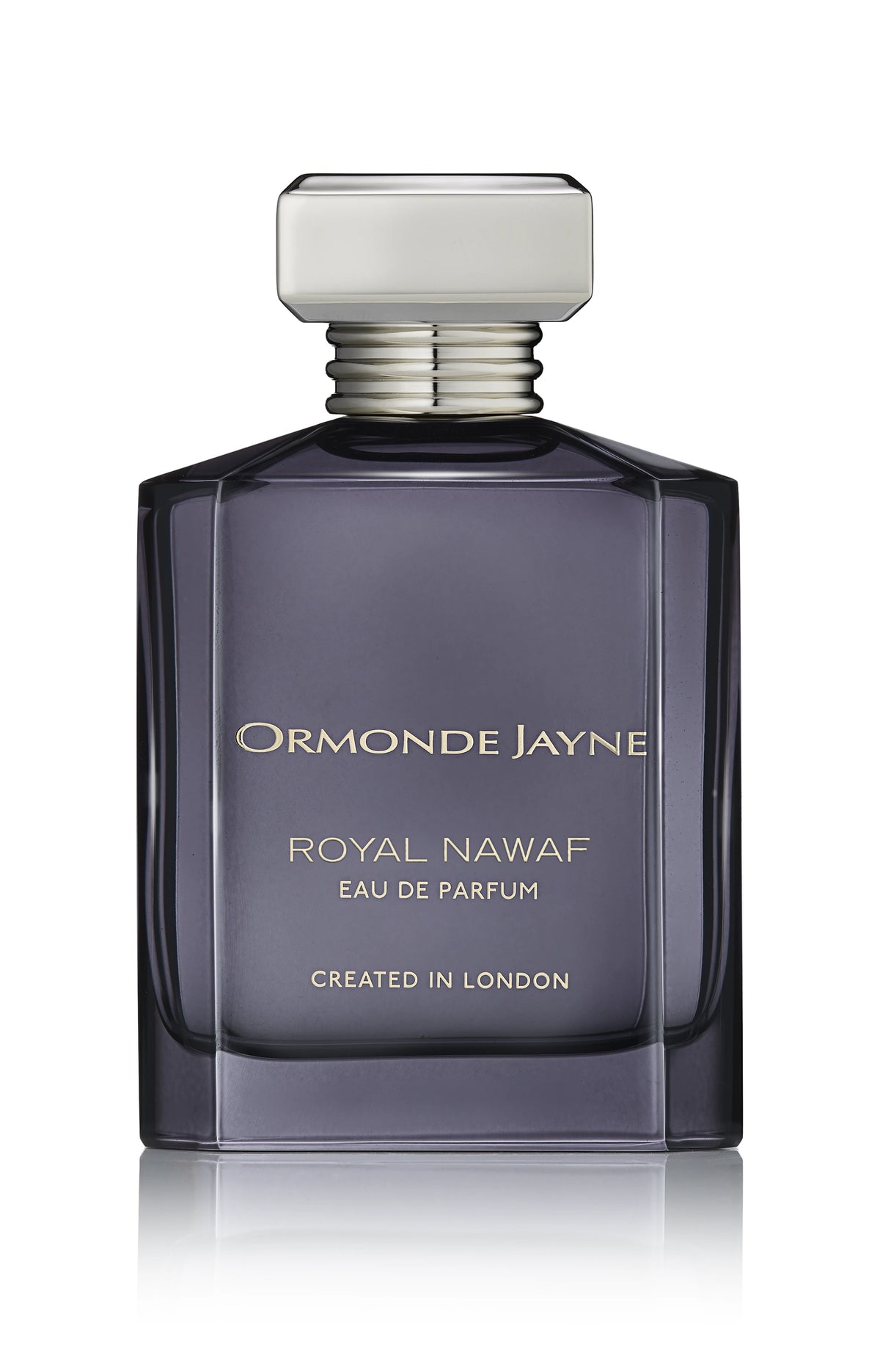 Ormonde Jayne Royal Nawaf eau de parfum in a smoky purple-grey glass bottle with silver cap