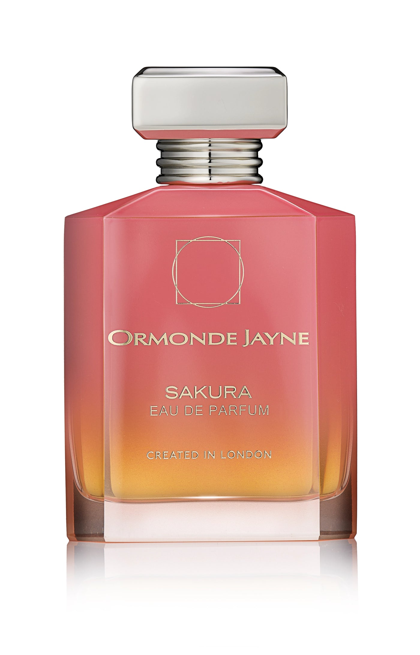 Ormonde Jayne Sakura Eau de Parfum bottle with pink to orange gradient glass and silver cap