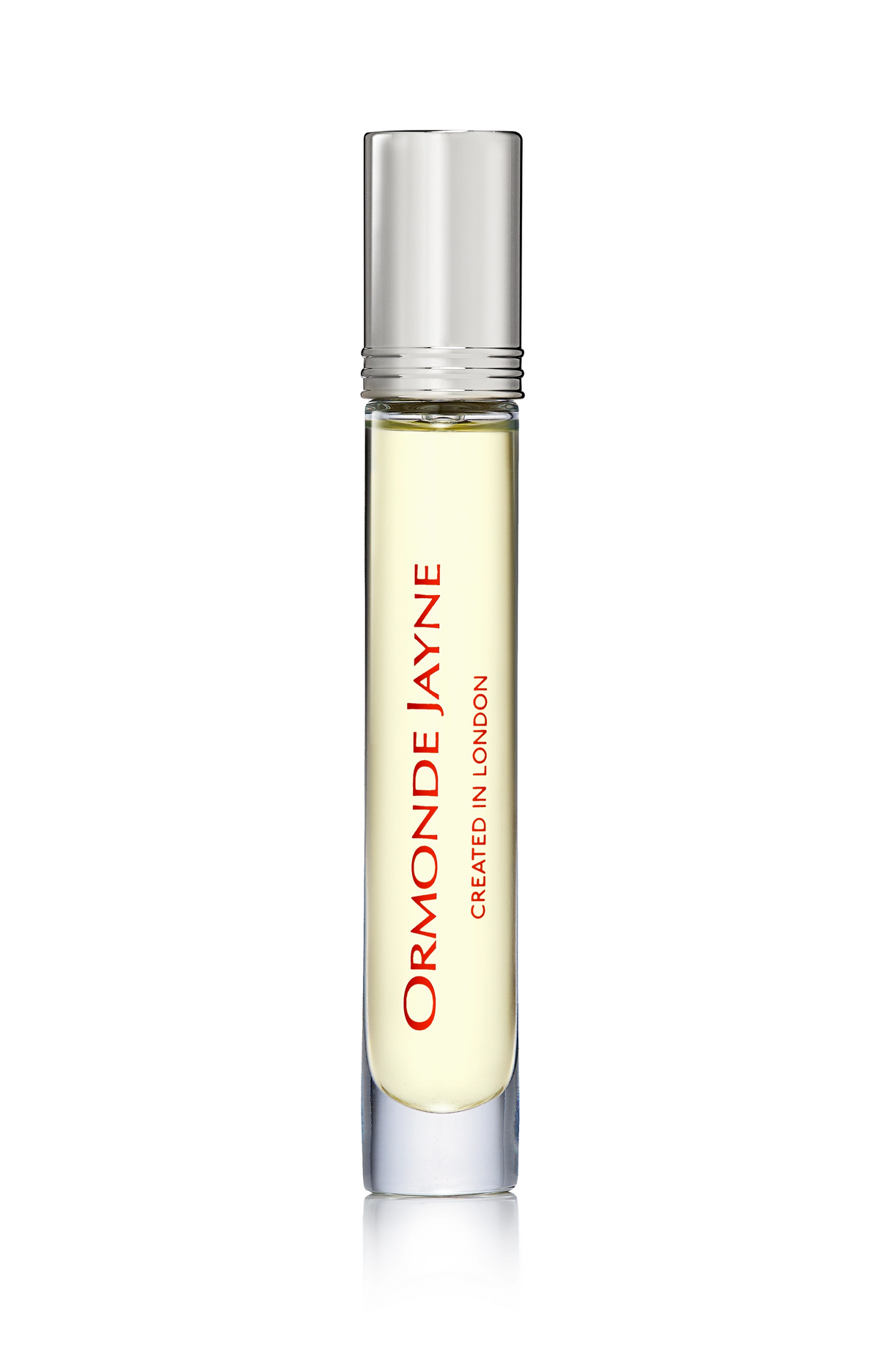 Slim glass perfume bottle with silver cap containing pale yellow liquid, labelled Ormonde Jayne Ta'if