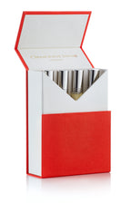 Set of small silver perfume spray bottles in red and white box with flip lid