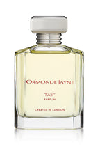 Clear glass perfume bottle with pale yellow liquid and silver cap, labelled Ormonde Jayne Ta'if