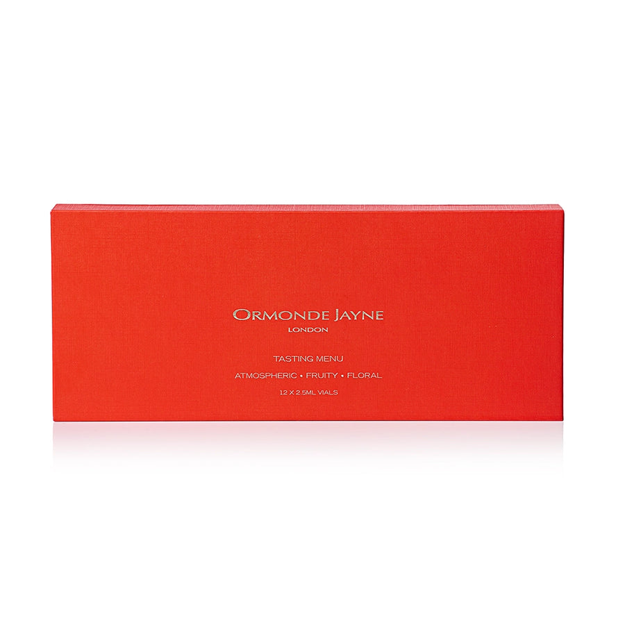 Bright red rectangular box with Ormonde Jayne London branding for Atmospheric, Fruity, Floral tasting menu