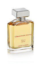 Rectangular glass perfume bottle with golden liquid and silver square cap, labelled Ormonde Jayne Tolu