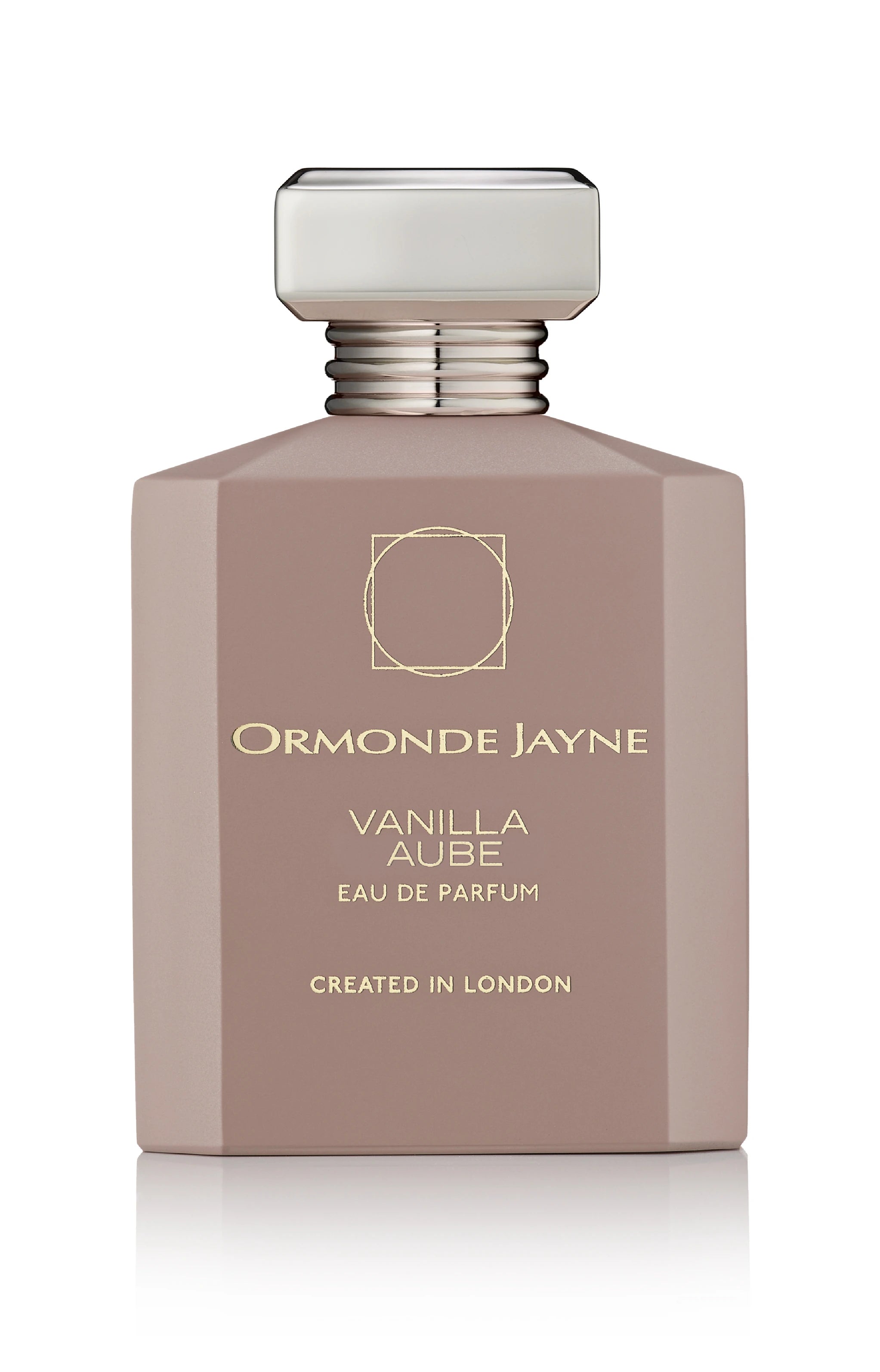 Matte blush pink rectangular perfume bottle with silver cap and gold lettering, Ormonde Jayne Vanilla Aube eau de parfum 88ml