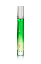 Slim green glass roller bottle with silver cap containing vetiveria essential oil