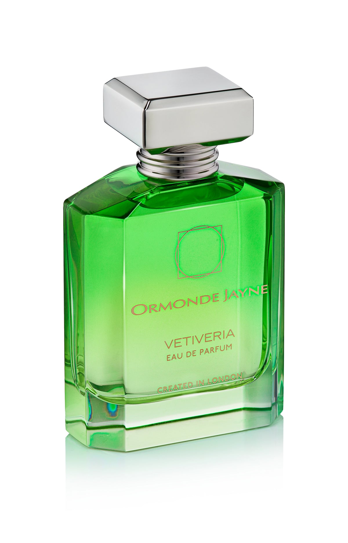 Green glass bottle of Vetiveria Eau de Parfum with silver square cap and gold lettering