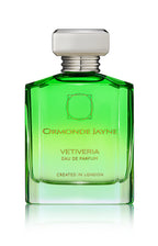 Green glass bottle of Ormonde Jayne Vetiveria Eau de Parfum with silver cap