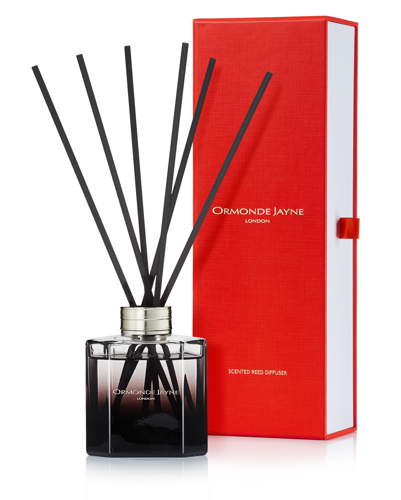 Black scented reed diffuser with silver cap and red Ormonde Jayne packaging box