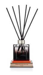 Black reed diffuser in a square glass bottle with silver cap on stacked books