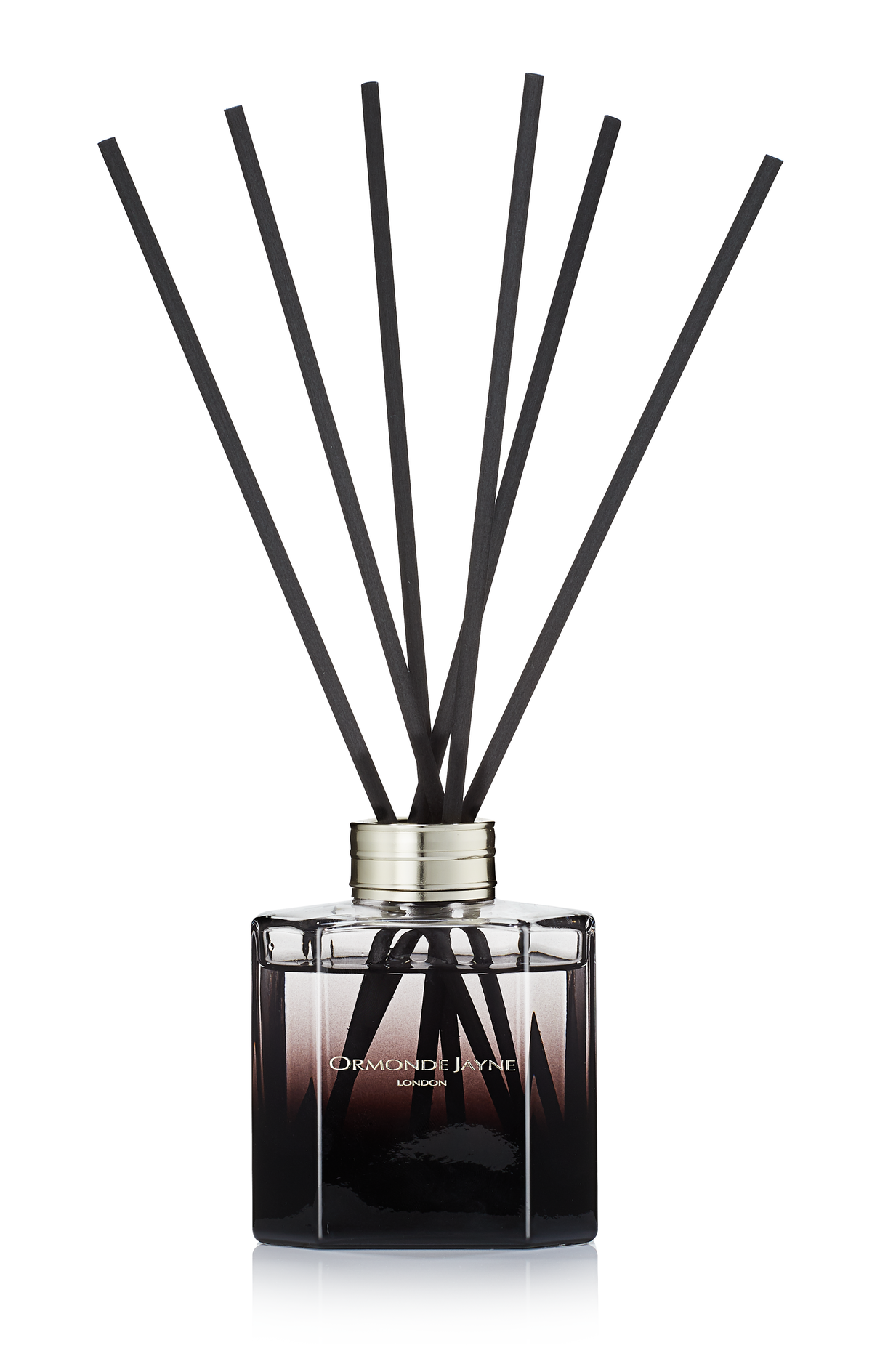 Ormonde reed diffuser with black fragrance sticks in a dark gradient glass bottle